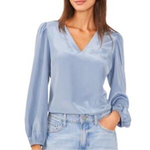 1. STATE Balloon-Sleeve V-Neck Blouse Light Powder Blue Satin Sheen, Size Small